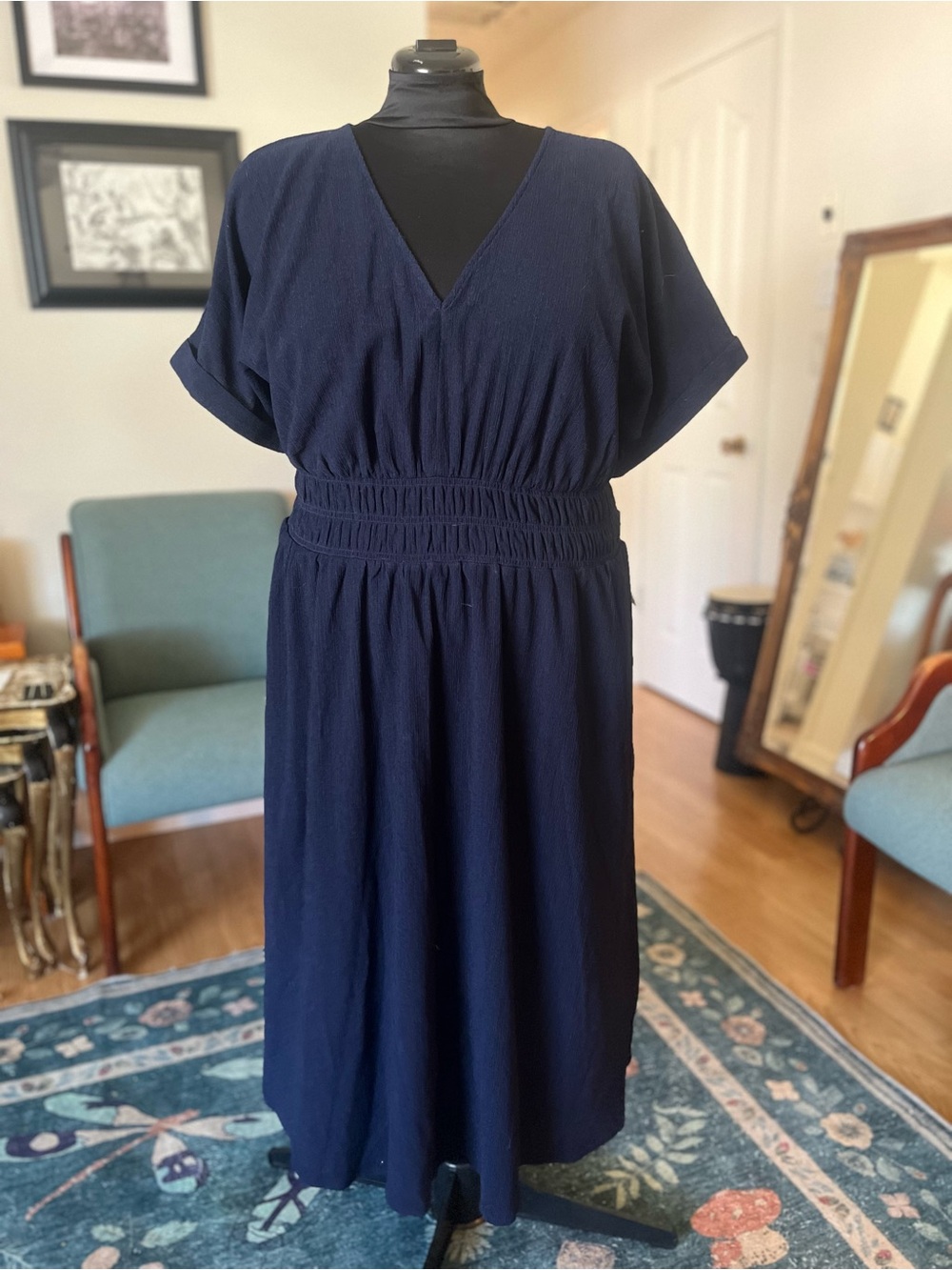 London Times Navy V-Neck Smocked-Waist Maxi Dress